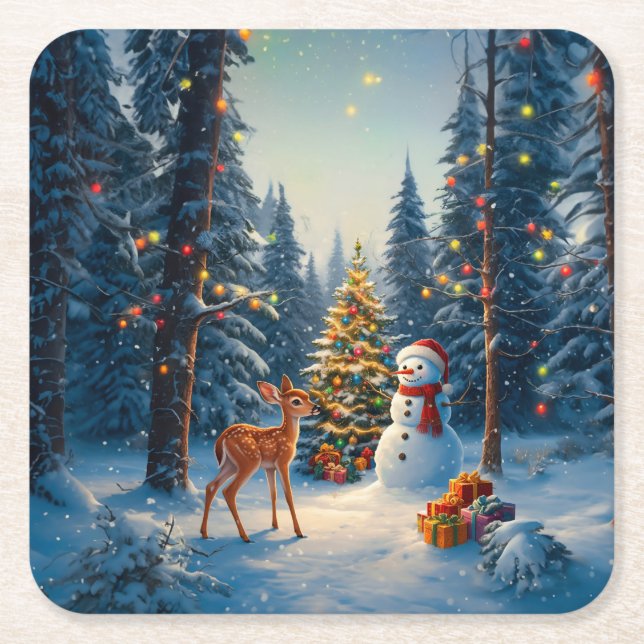 Julgran Scene Cute Hjort Fawn Snögubbe Underlägg Papper Kvadrat (Framsidan)
