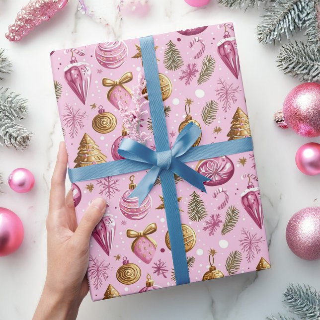 Julgran Shock rosa Guld Helgdag Presentpapper (Christmas Tree Hot Pink Gold Holiday Wrapping Paper)