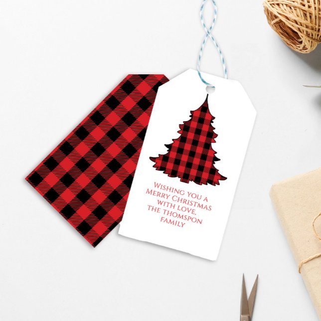 Julgran Simple Cute Buffalo Check Mönster Presentetikett (Simple Christmas tree buffalo check plaid pattern gift tag.)