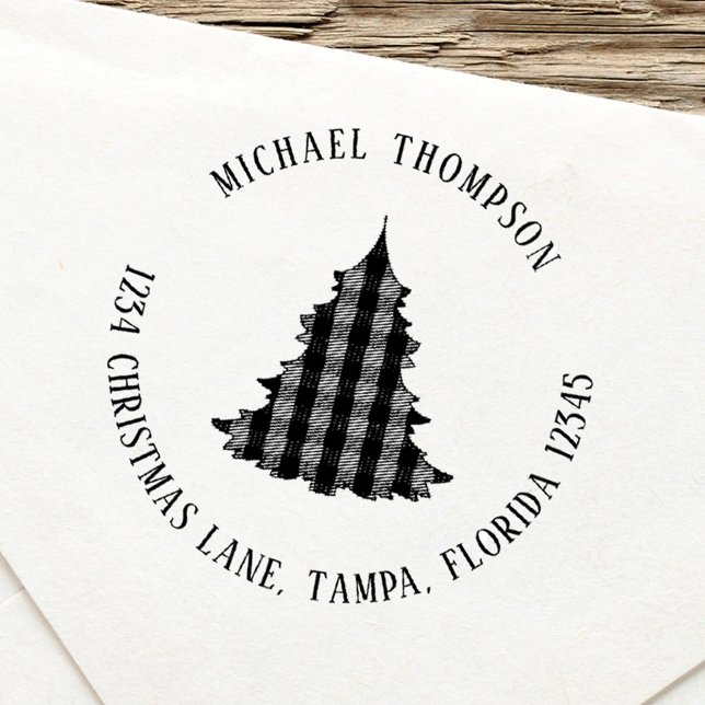 Julgran Simple Cute Returadress Självfärgande Stämpel (Simple Christmas Return Address Self Inking Stamp with circle typography style. )