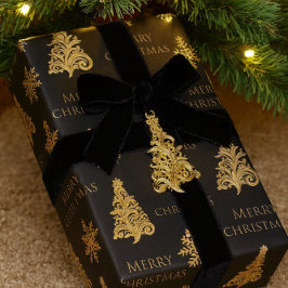 Julgran Snöflinga i Guld på Svart Presentpapper