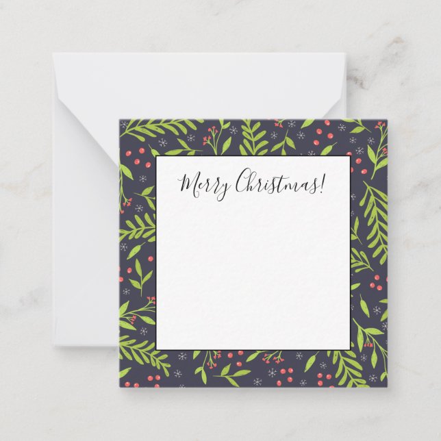 Julgran Snöflingor Bär Röda Blommor Anteckningskort (Framsida)