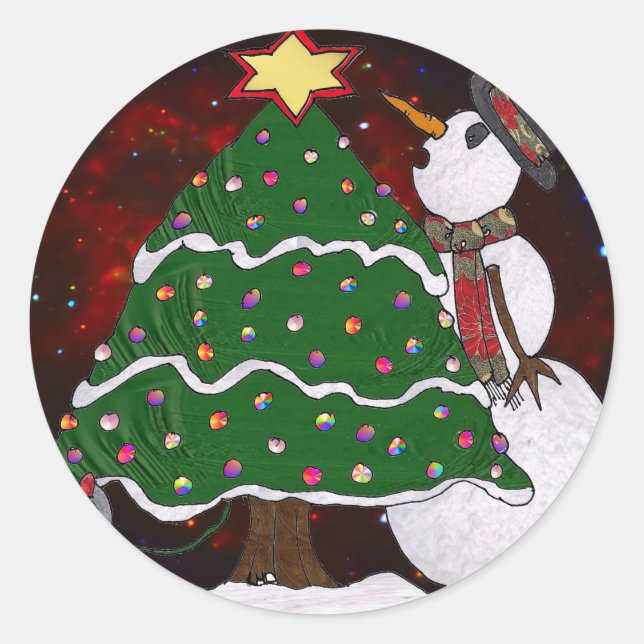 Julgran Snögubbe-konsutskrift Runt Klistermärke (Framsida)
