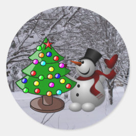 Julgran, Snögubbe, Snö Scene Photo Stickers Runt Klistermärke