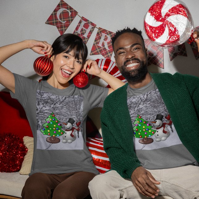 Julgran, Snögubbe, Snö Scene Unisex Mörk Tee Shirt (Christmas Tree, Snowman, Snow Scene Unisex Dark T-Shirt)