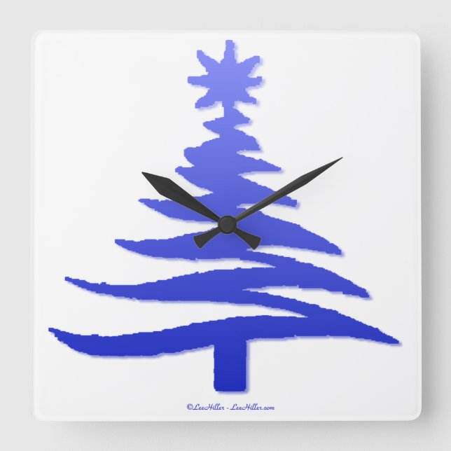 Julgran Stencil Cobalt Blue Fyrkantig Klocka (Framsida)