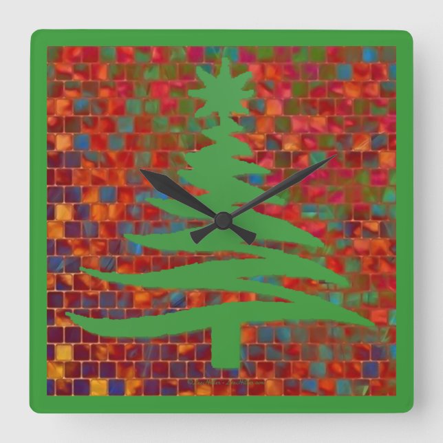 Julgran stencil Grönt Fyrkantig Klocka (Framsida)