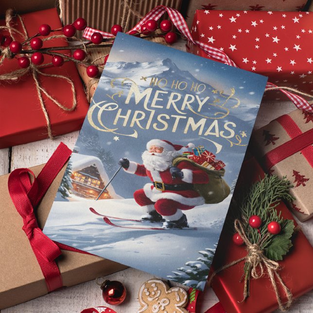 Julgran Tomte glider nerför snöig backe Vykort (Skapare uppladdad)