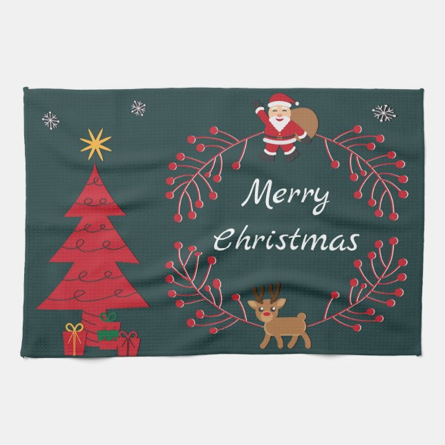 Julgran, Tomte och Rudolf Kökshandduk (Horisontell)