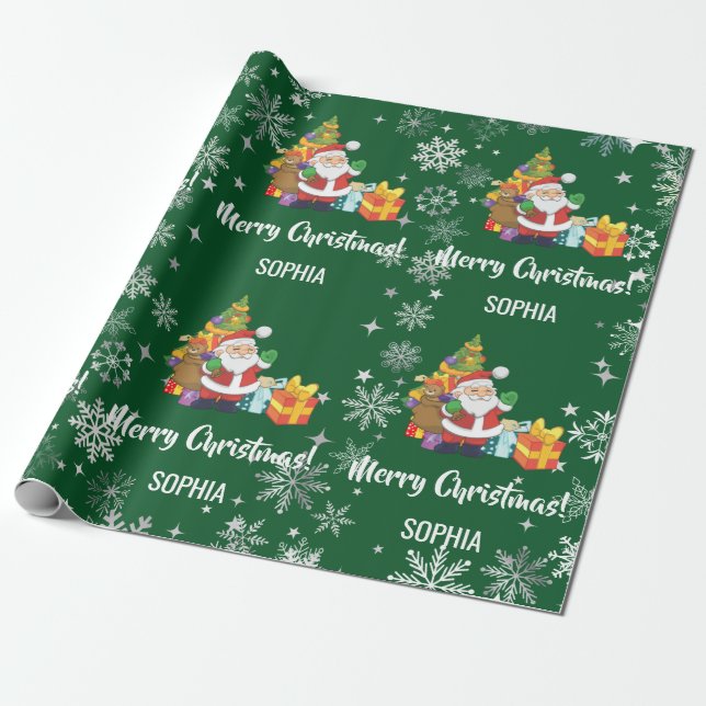 Julgran Tomte Presenter Snöflingor Personlig Namn Presentpapper (Utrullad)