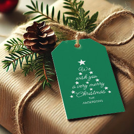 Julgran Typografi Grön Vit Stjärnor & Namn Presentetikett