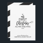 Julgran Vår första jul som Mr. och Mrs.<br><div class="desc">I julgran är "vårt första julkort som mr och Mrs-kort" perfektens romantiska Julhälsningar. Utformningen har en diamant ring och ord "vår första julklapp som mr och Mrs" med året som alla arrangerade att se ut som en julgran. Anpassa kortet med namnen.</div>