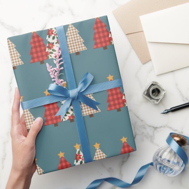 Julgran Vintage Lappteknik Röd Rutig Högtid Presentpapper (Gifting)