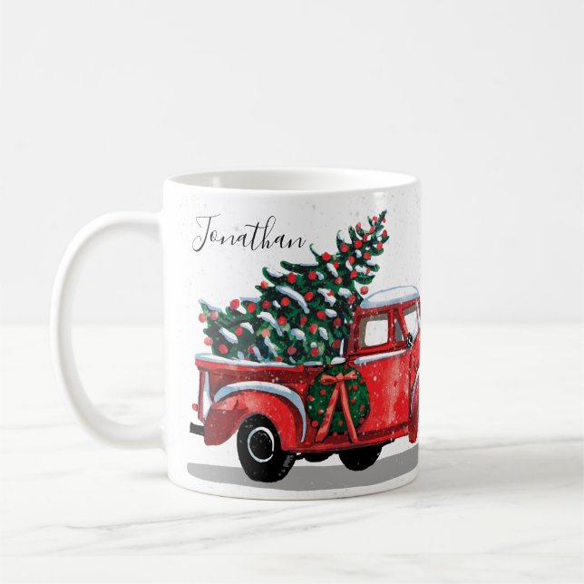 Julgran Vintage Red Lastbil Monogram Namn Kaffemugg (Vänster)