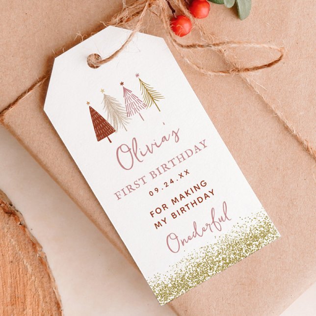 Julgran Vinter Tjej 1-års Födelsedag Tack Presentetikett (Skapare uppladdad)