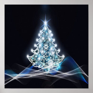 Julgran, vit snöflingor, blå våg poster
