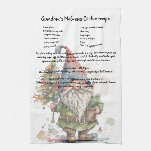 Julgran Watercolor Gnome Recipe Tea Kökshandduk (Vertikal)