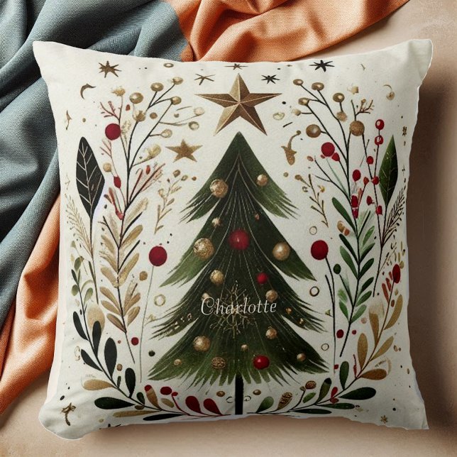 Julgran Watercolor Grönt WAN Guld Star Kudde (Christmas Tree Watercolor Green Wreath Gold Star Throw Pillow)