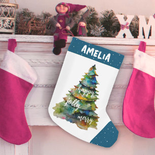 Julgran Watercolor Merry Jolly Lycklig Blue Liten Julstrumpa