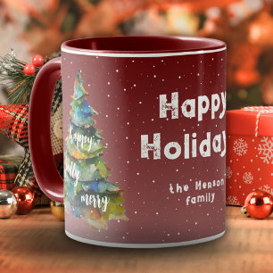 Julgran Watercolor Merry Jolly Lycklig Family Mugg