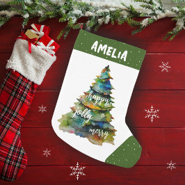 Julgran Watercolor Merry Jolly Lycklig Liten Julstrumpa