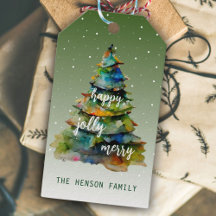 Julgran Watercolor Merry Jolly Lycklig