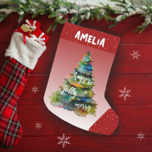 Julgran Watercolor Merry Jolly Lycklig Red