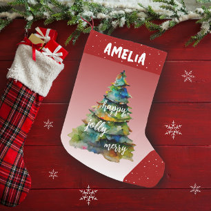Julgran Watercolor Merry Jolly Lycklig Red Liten Julstrumpa