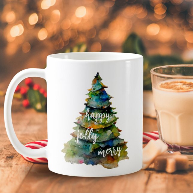 Julgran Watercolor Merry Jolly Lycklig skript Kaffemugg (Skapare uppladdad)
