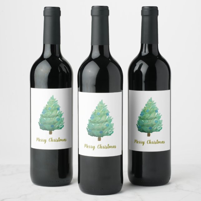 Julgran Watercolor Vinflaska Etikett (Flaskor)