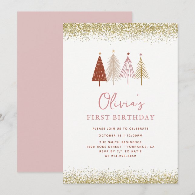 Julgran Winter Wonderland Girl 1st Birthday Inbjudningar (Fram/baksida)