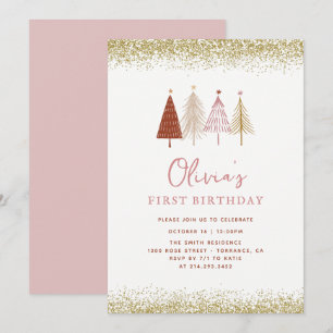 Julgran Winter Wonderland Girl 1st Birthday Inbjudningar