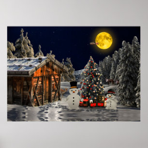 Julgran Wooden Cottage Snögubbe Full Moon Poster