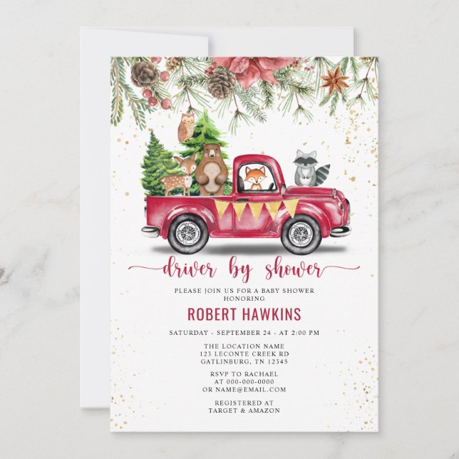 Julgran Woodland Animal Drive Baby Shower Inbjudningar (Framsida)