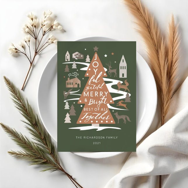 Julgran Woodland Animals & Mysigt Village Julkort (Simple Joy Woodland Animals & Cozy Village Photo Holiday Card)