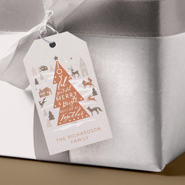 Julgran Woodland Animals & Mysigt Village Presentetikett (Christmas Tree Woodland Animals & Cozy Village Gift Tags)