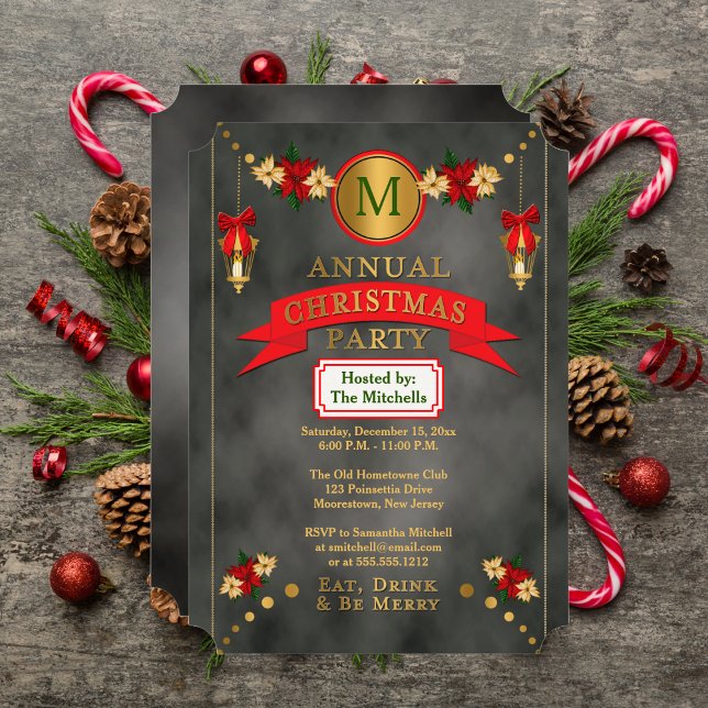 Julgranar | Fyrar Mönster Julfest Inbjudningar (Poinsettias Lanterns Monogram Christmas Party Invitation)