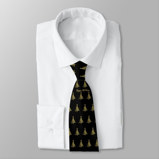Julgranar Guld på Black Neck Tie Slips (Bunden)