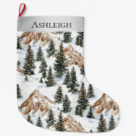 Julgranar i de vidriga Snö-bergen i Silver Stor Julstrumpa