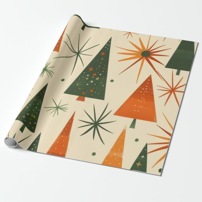 Julgranar i Mid-Century Modern Retro-stil Presentpapper (Utrullad)