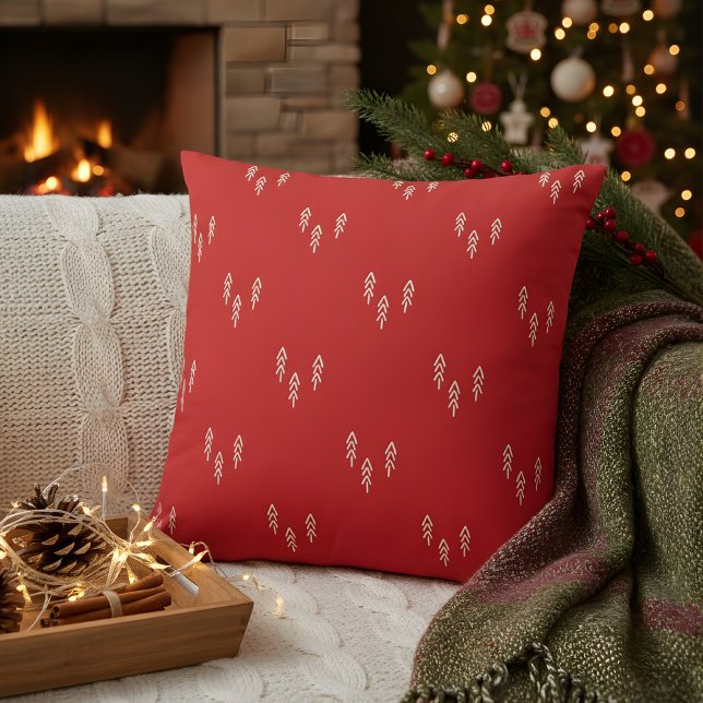 Julgranar i rött och vitt ländrygg kudde (red christmas pillow with little trees)