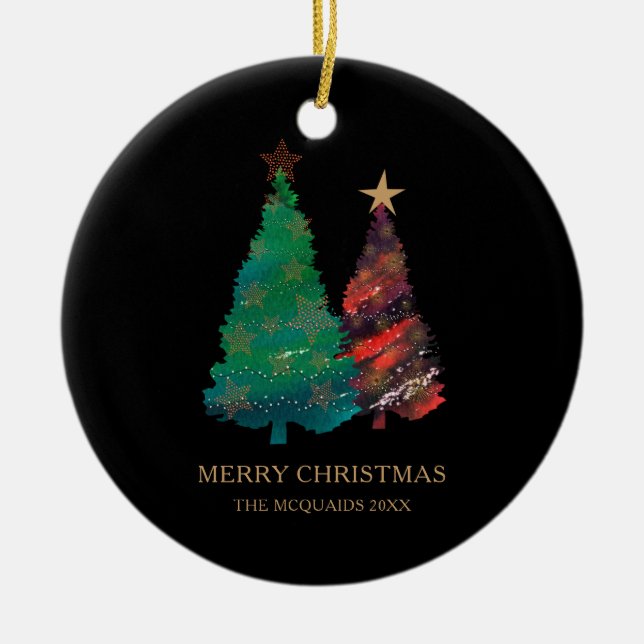 Julgranar med sparkly handfärgad vattenfärg julgransprydnad keramik (Framsidan)
