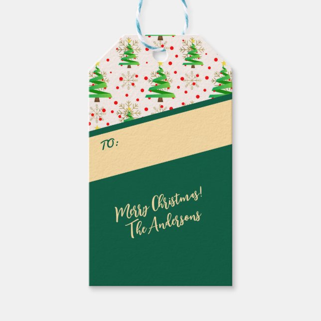 Julgranar och Guld Snöflingor Presentetikett (Framsidan)