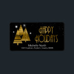 Julgranar och Snöflingor Guld ID863 Adressetikett<br><div class="desc">Den här etikettdesignen har en vacker arrangemang av stiliserat Julgranar och snöflingor med en texturerad effekt i skuggor av guld på en svart bakgrund. Glad helg och en mall har angetts som tillval för att lägga till ditt namn och adress. Sök i ID861 via ID864 om du vill se fler...</div>