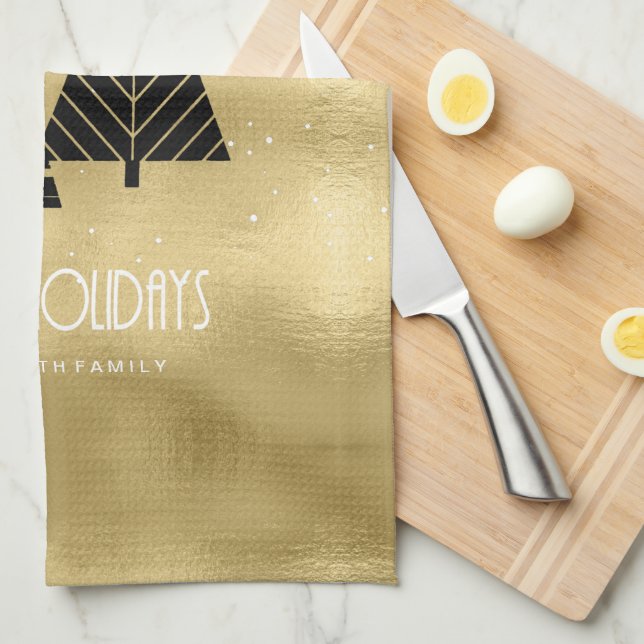 Julgranar och Snöflingor Guld ID863 Kökshandduk (Vikt i Fjärdedel)