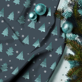 Julgranar och Snöflingor Mönster Teal ID863 Tyg