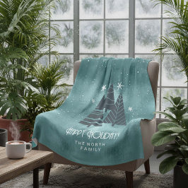 Julgranar och Snöflingor Teal ID863 Fleecefilt