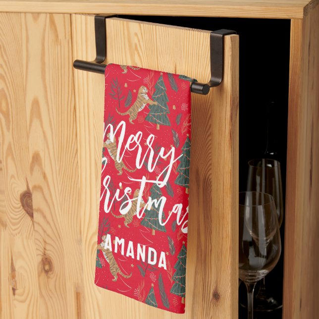 Julgranar och tigrar mönster anpassningsbar, bakgr kökshandduk (Thirds Fold)