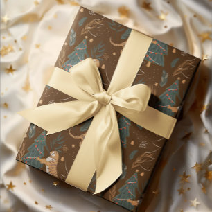 Julgranar och tigrar mönster brun bakgrund presentpapper