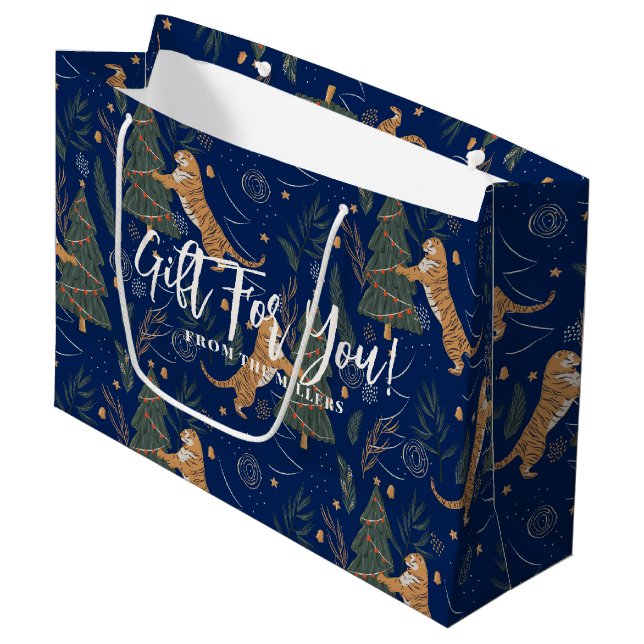 Julgranar och tigrar, mörk-blå bakgrund (Framsidan Vinklad)